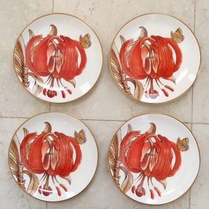 4 Williams Sonoma Jardin des Fleurs Red Butterfly Lilly Salad Plates Rare HTF